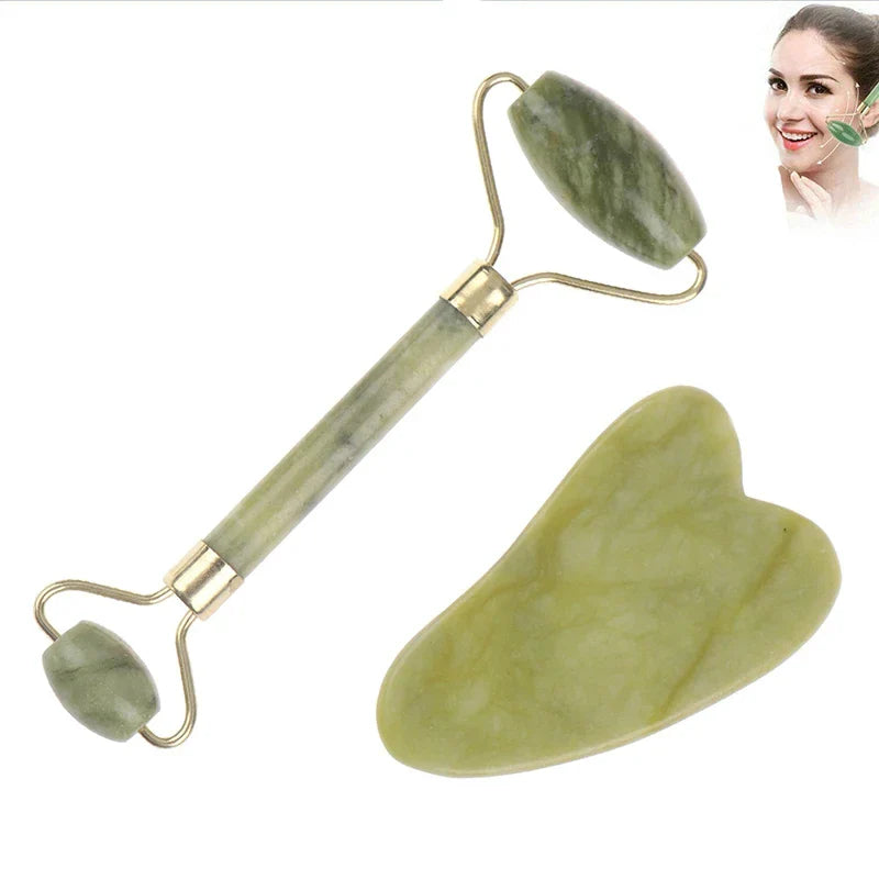 NNEOBA Jade Facial Roller & Gua Sha Scraping Too; Beauty Massager Green