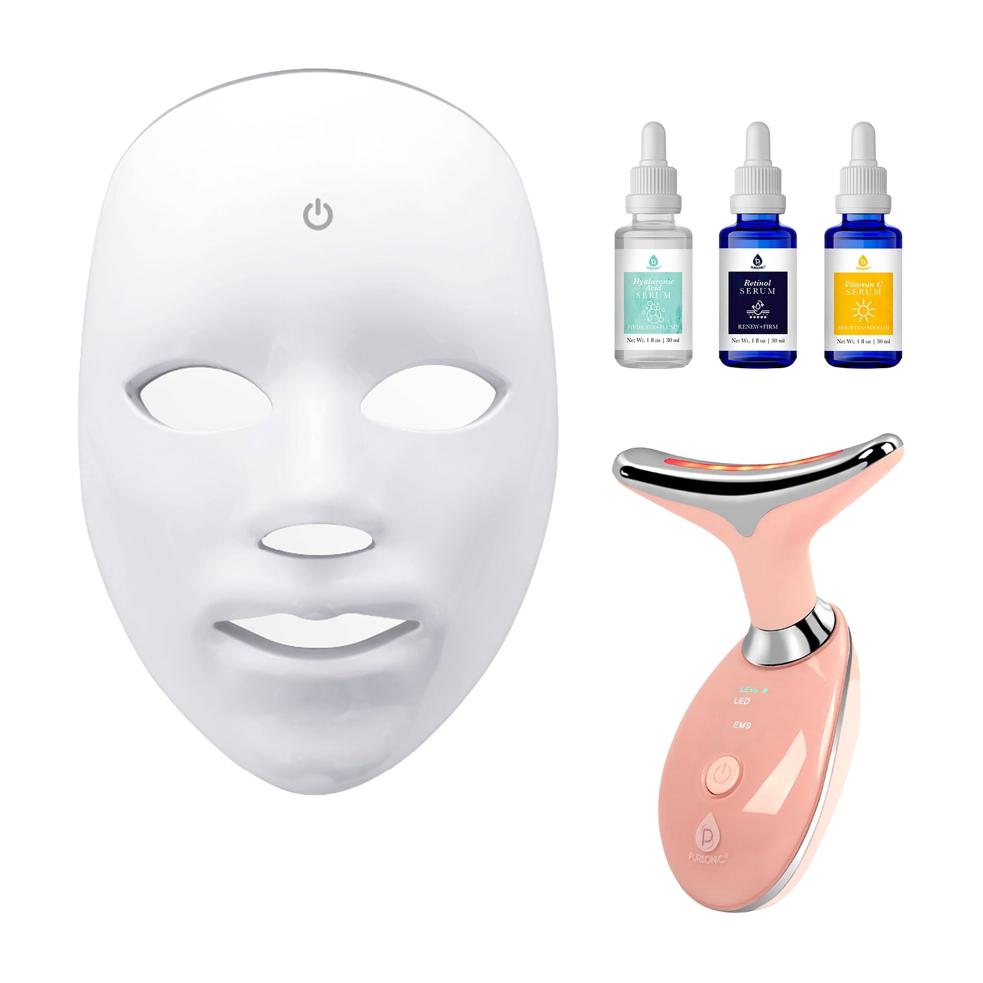 Pursonic Complete LED Skincare Bundle – 7-in-1 LED Face Mask + Sculpting Wand + Anti-Aging Serum Set