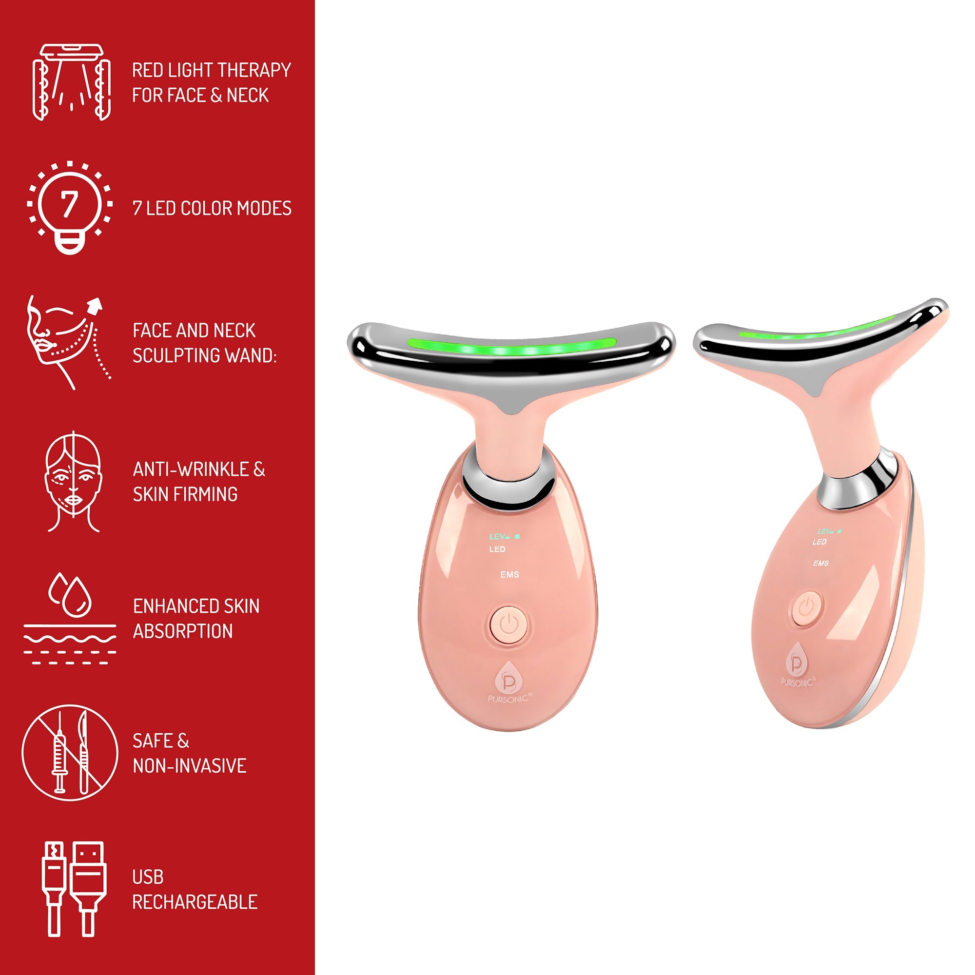 Pursonic 7-in-1 LED Light Therapy Beauty Device - Red Light Therapy Face &amp; Neck Sculpting Wand