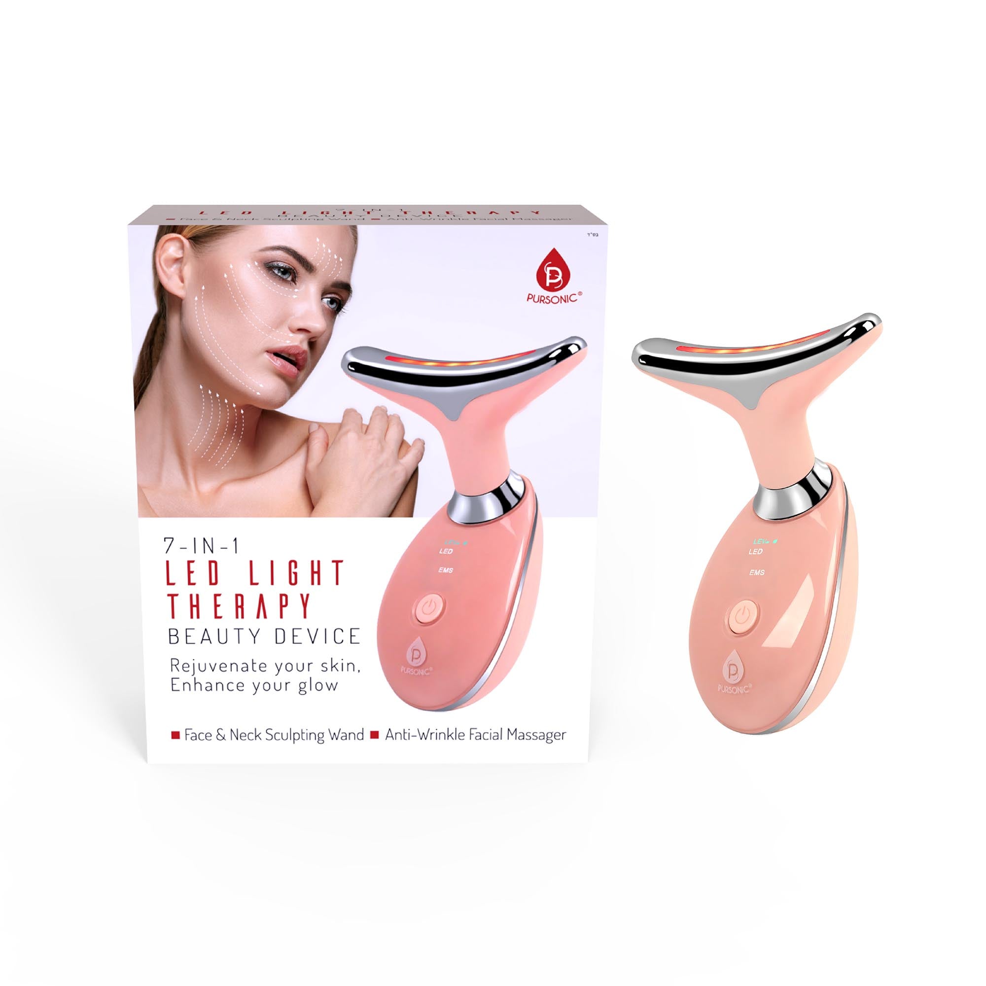 Pursonic 7-in-1 LED Light Therapy Beauty Device - Red Light Therapy Face &amp; Neck Sculpting Wand